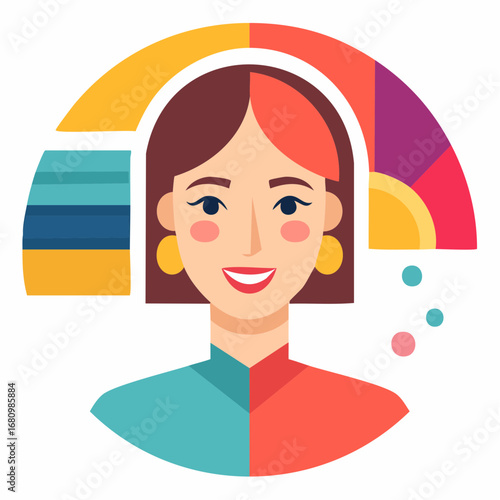 Conceptual illustration of a woman's psychology, representing a balanced inner world with positive emotions, creativity, and self-awareness