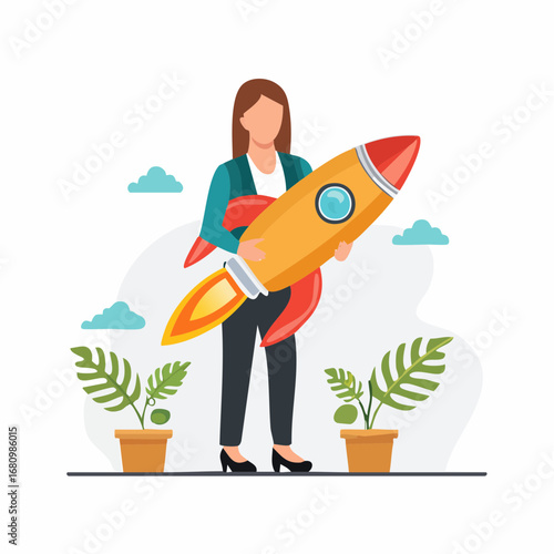 Businesswoman confidently holds a large rocket, symbolizing ambitious growth and successful launch of a new venture.