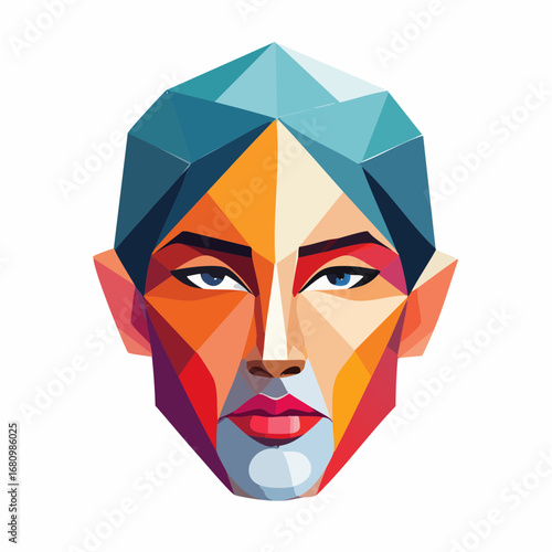 Modern abstract vector illustration of a beautiful woman's face created with colorful geometric shapes and a low-poly effect