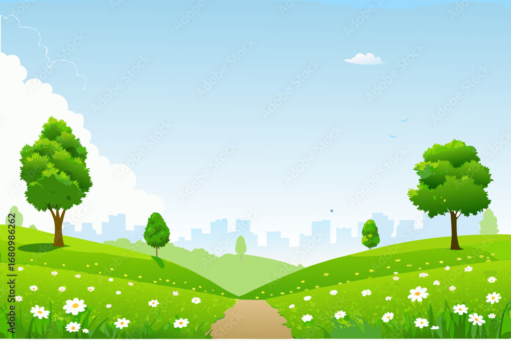 Obraz premium a serene landscape with green hills trees flowers and distant city