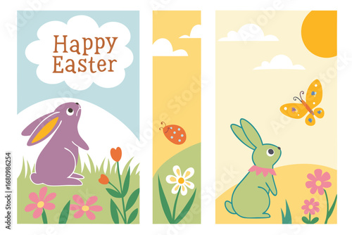 Happy Easter greeting cards featuring cute bunnies, flowers, and a butterfly, celebrating spring with a cheerful and festive atmosphere