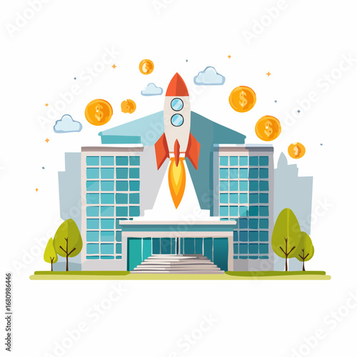 Rocket launching from a successful business building, signifying growth and financial success.