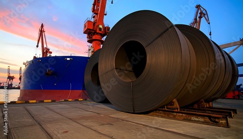 Steel coils loaded onto ship at port