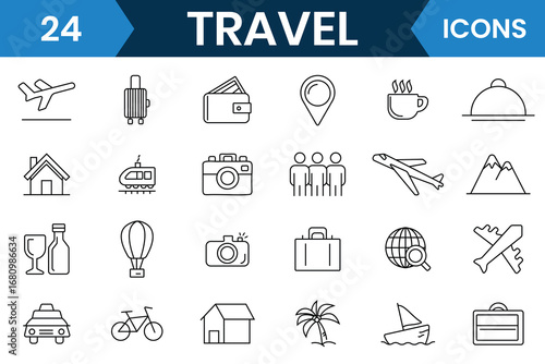 Travel and vacation line icon. Icon for hotel, holiday, tourism, beach, tickets, plane, map, suitcase, boat, passport and more. Vector illustration.