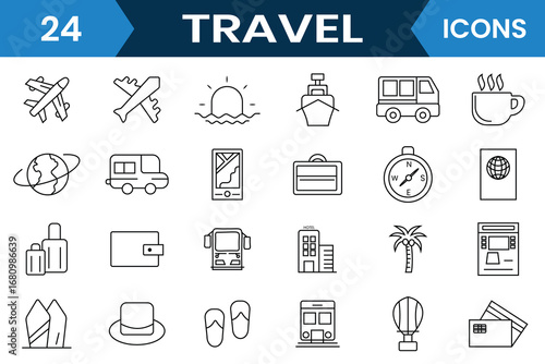 Travel icon vector set. Travel and vacation icon. Icon for hotel, holiday, tourism, beach, tickets, plane, map, suitcase, boat, passport and more. Vector illustration.