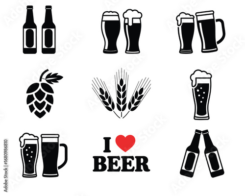 Minimalist Beer Icon Set,  Vector Collection of Bottles, Mugs, Hops, and Wheat with Reflections, Simple Alcohol Drink Symbols for Bar, Brewery, and Pub Design
