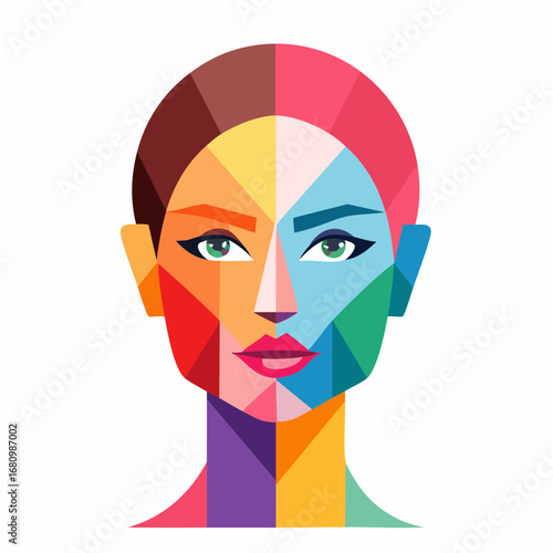 Stylized portrait of a woman's face created with colorful geometric shapes, representing diversity and modern digital art