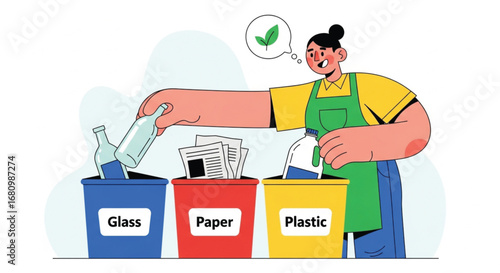  Woman Sorting Recycling into Bins: Plastic, Paper, Glass, Eco Vector