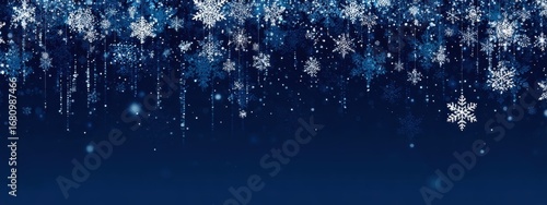 Vibrant photo of abstract blue snowflake pattern with falling snow effect.