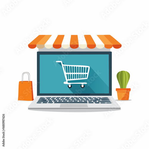 Online store storefront, laptop display, shopping cart, awning, e-commerce.