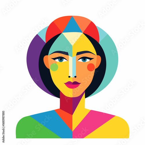 Abstract portrait of a woman's face created with vibrant geometric shapes, a modern low poly and colorful style