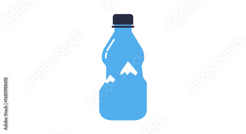 A blue plastic bottle filled with clear liquid and a mountain logo on a white background