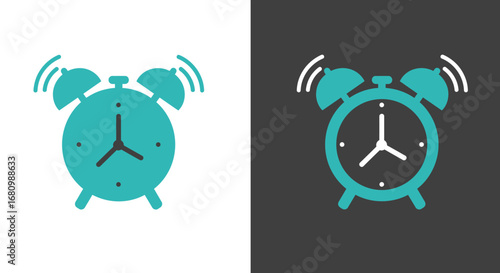 Retro twin bell alarm clock ringing loudly with bells vibrating on white and dark backgrounds