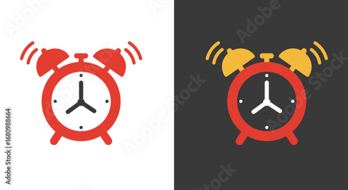 Retro red twin bell alarm clock vibrating with sound waves on white and dark backgrounds