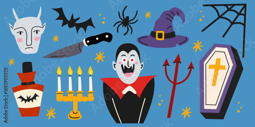 Halloween retro cartoon collection with spooky elements. Pumpkins, vampire, zombie, grave, spider, bat, potion, candle. Festive vector illustration for scary holiday design