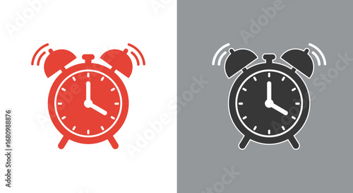 Classic twin bell alarm clock icon in red and black silhouette on white and gray backgrounds