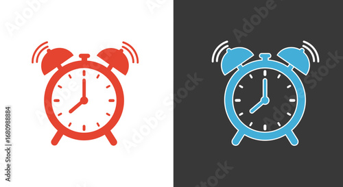 Two vintage style alarm clocks ringing loudly one red on white and one blue on dark background