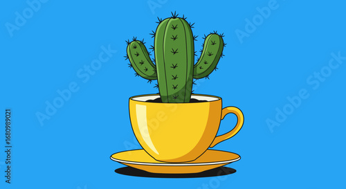 Vibrant green cactus plant growing in a bright yellow coffee mug with a matching saucer on a blue background