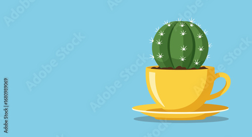 A vibrant green cactus in a bright yellow coffee cup with a saucer on a simple blue background
