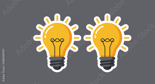 Two bright glowing yellow incandescent light bulbs with radiating sunbursts on a dark gray background representing ideas