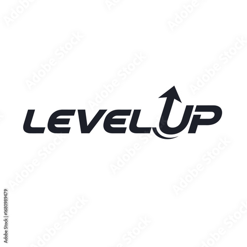 Bold clean Level Up vector logo in sharp black an arrow rising powerfully above minimalist design