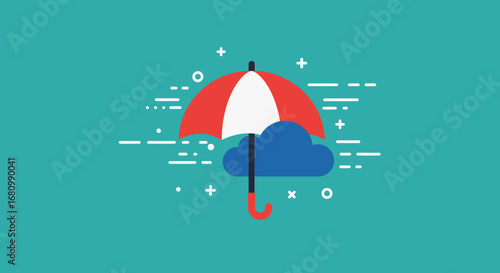 Stylized illustration of a red and white umbrella protecting a dark blue cloud from rain