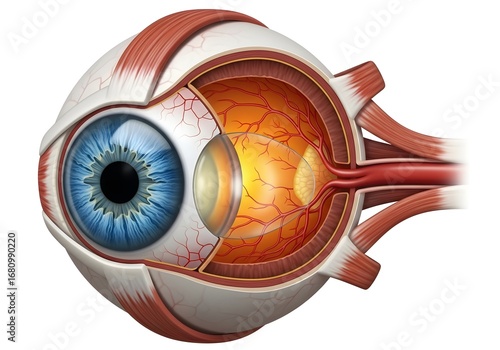 Illustration showing the anatomy of the human eye with the iris, lens, and blood vessels visible