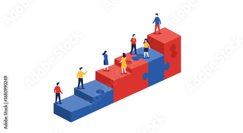 Diverse group of people climbing a colorful puzzle piece staircase representing teamwork and career advancement