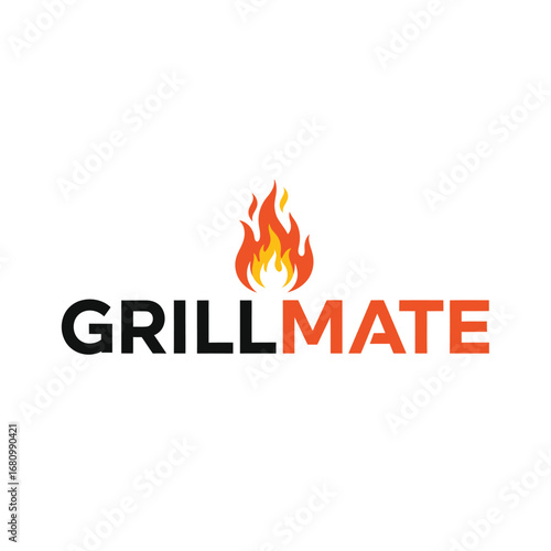 Fiery Grillmate Logo Bold black font ablaze with vibrant orange and yellow flames a barbecue icon