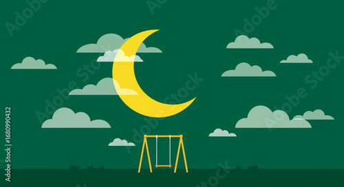 Whimsical crescent moon shines brightly over an empty playground swing set under a cloudy night sky