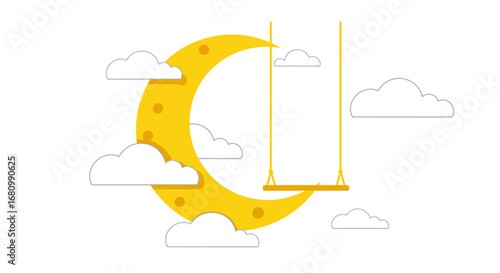 Whimsical crescent moon with a swing and fluffy clouds against a clean white background