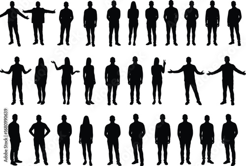 Silhouette collection of diverse men and women standing, gesturing, expressing emotions, isolated figures, human body language, communication, group pose, expressive stances