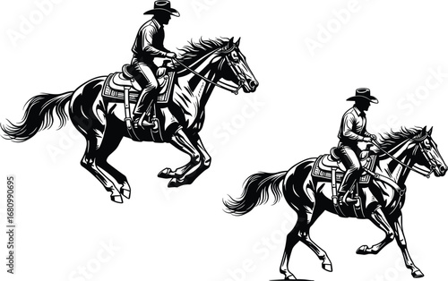 Cowboy riders silhouettes vector, horseback riding illustration, Western horsemen, equestrian clipart, rustic riding action poses,