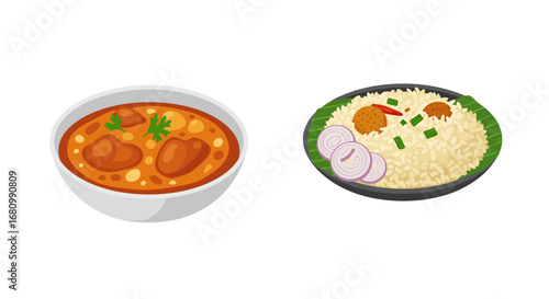 Delicious indian chicken curry and fragrant basmati rice served in bowls isolated on white background
