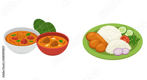 Delicious thai massaman curry with rice and fresh vegetables served in traditional bowls and plate