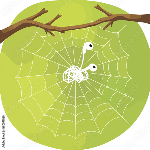Spun between two branches  a spiderweb has a tangled pair of white earbuds caught in the center. Graphic illustration  clean defined shapes.