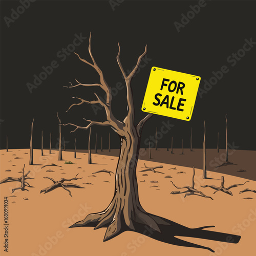 The last tree in a deforested area has a single  bright yellow "For Sale" sign nailed to its trunk. Graphic illustration  strong defined shadows.
