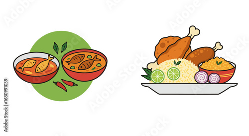 Delicious indian chicken curry and traditional roasted turkey dinner with mashed potatoes and vegetables