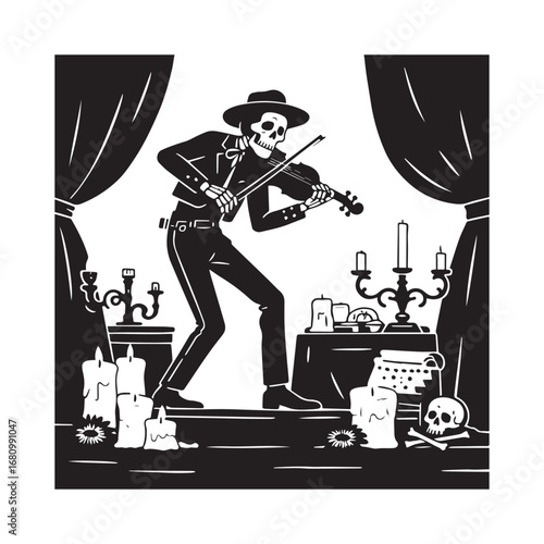 Fotografija Silhouette of El Mariachi skeleton musician playing the violin during the Day of the Dead