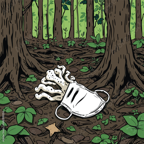 Lying on the forest floor  a single discarded face mask looks like a strange  unnatural fungus. Graphic illustration  limited color palette.