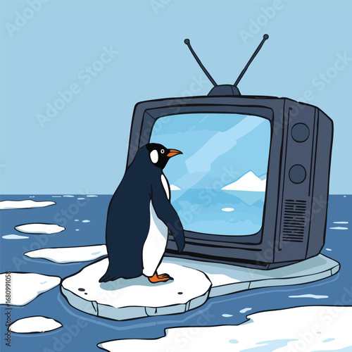 On a melting ice floe  a lone penguin looks at its own reflection in the screen of a discarded television. Graphic illustration.