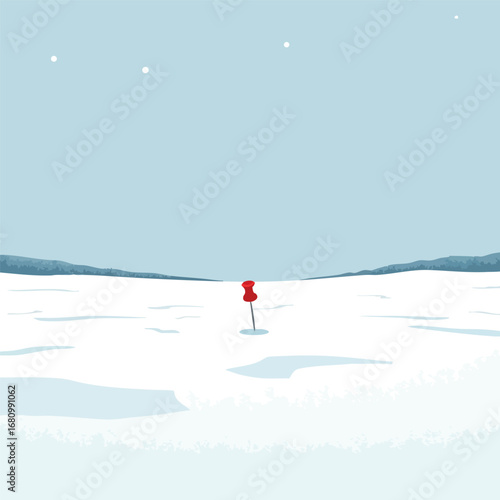 In the middle of a silent  snowy landscape  a single red push-pin is stuck into the ground  as if on a map. Graphic illustration  minimalist.