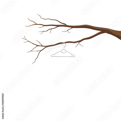 Hanging from the branch of a dead  leafless tree is a single  empty clothes hanger. Flat vector art  minimalist  strong defined shadows.