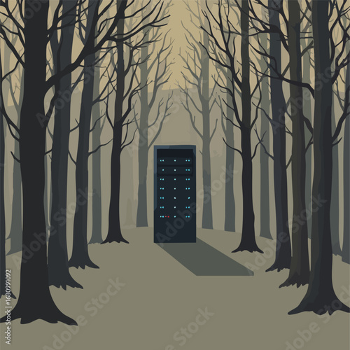 Deep within a silent  ancient forest stands a single  humming server rack  casting a long shadow. Graphic illustration  flat vector art  limited color palette.