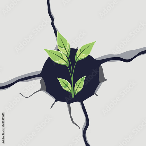 From a crack in a concrete sidewalk  a green sprout emerges with leaves made of folded dollar bills. Flat vector art  clean shapes.