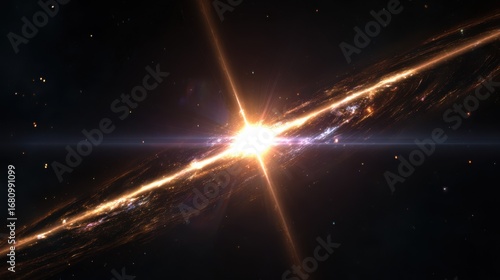 A hyper-realistic depiction of a pulsar star emitting beams of light across space, captured in high-definition movie style