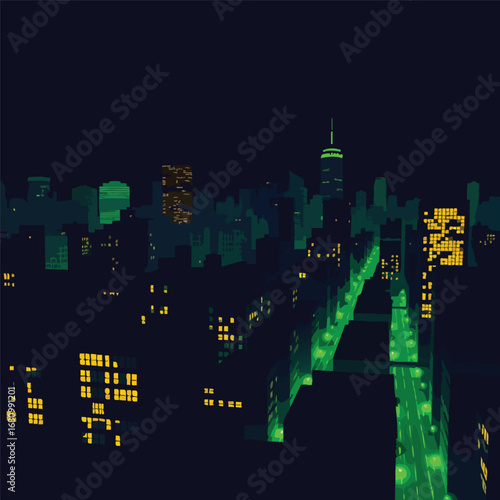 A cityscape at night. The buildings are dark  but the streets and windows are illuminated by glowing green lines of energy. Flat vector art  high contrast.