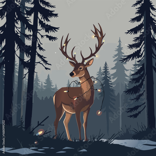 A beautiful deer stands at the edge of a forest  its antlers tangled in discarded Christmas lights. Flat vector art  somber mood.