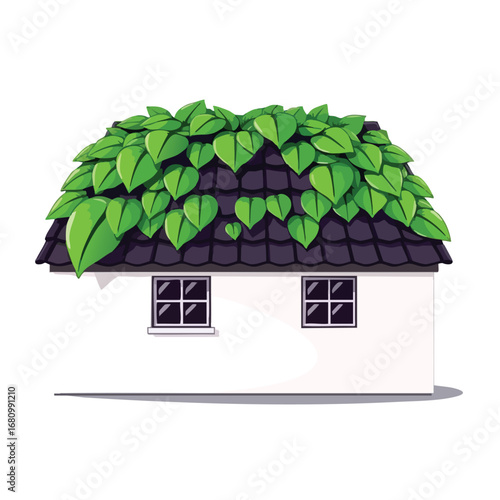 A clean  white house is shown. Its roof is not made of tiles  but of overlapping  vibrant green leaves. Graphic illustration  strong defined shadows.