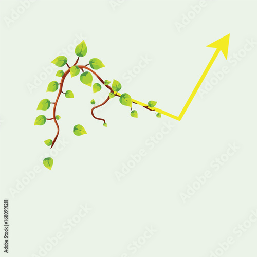 A business chart shows a line graph trending sharply downwards. The line is a vibrant green vine with new leaves sprouting  representing falling emissions.